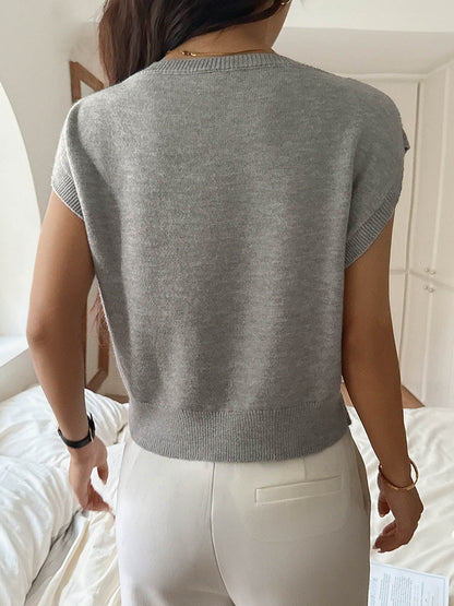 Short Sleeves Flower-Embellished Solid Color Split-Joint One-Shoulder Sweater Tops