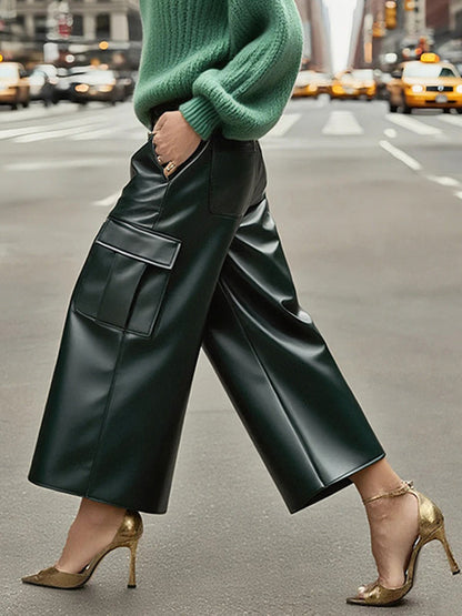 High Waisted Pockets Solid Color Split-Joint Wide Leg Pants Trousers