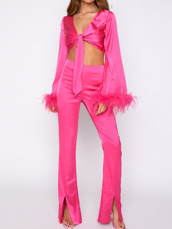 Long Sleeves Fringed Knot Solid Color Deep V-Neck Shirts Top + High Waisted Split-Front Pants Bottom Two Pieces Set