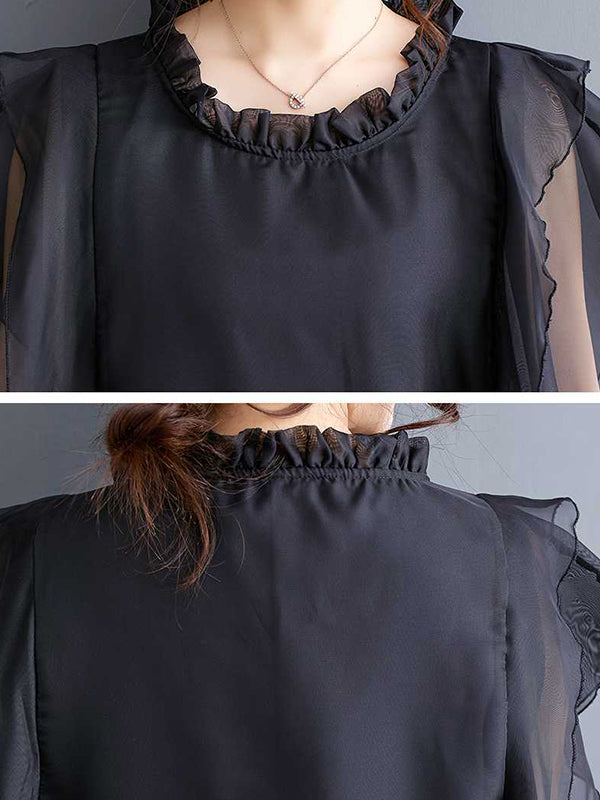 Loose Ruffle Sleeves Falbala Ruffled Solid Color Round-neck Midi Dresses