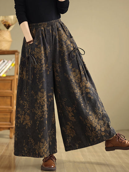 Plus Size Women Retro Flower Cotton Wide-leg Pants