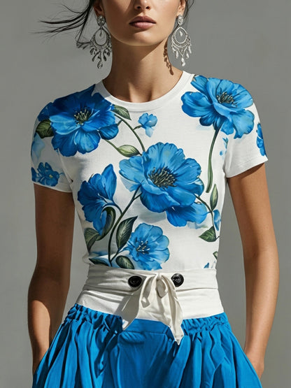 Short Sleeves Contrast Color Flower Print Round-Neck T-Shirts Tops