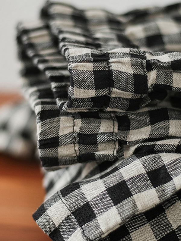 Artistic Retro Linen Loose Wide Legs Plaid Drawstring Pants