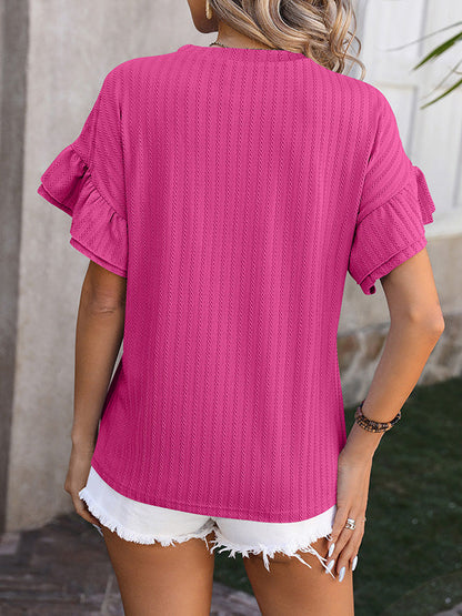 Wrap Falbala Solid Color Round-Neck T-Shirts Tops