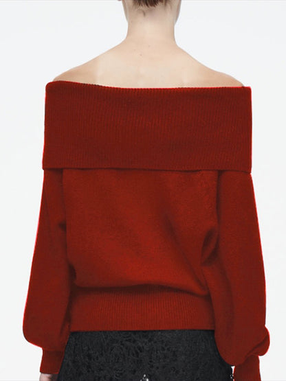 Long Sleeves Loose Solid Color Off-The-Shoulder Sweater Tops