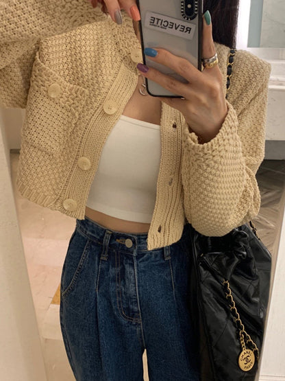Long Sleeves Buttoned Pockets Solid Color Round-Neck Cardigan Tops