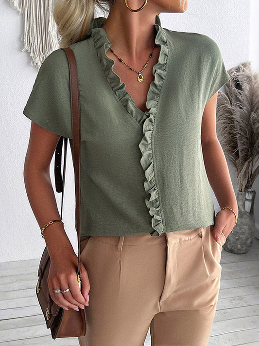 Loose Short Sleeves Ruffle Trim Solid Color V-Neck Blouses&Shirts Tops