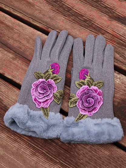 Women Artsy Winter Embroidery Fleece-lined Gloves