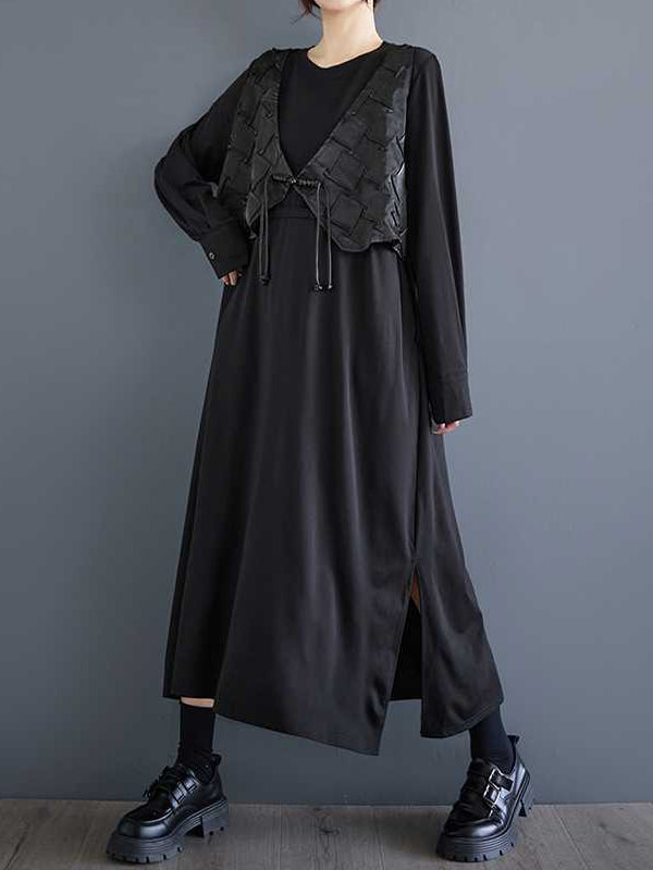 A-Line False Two Drawstring Solid Color Split-Joint Split-Side Round-Neck Midi Dresses