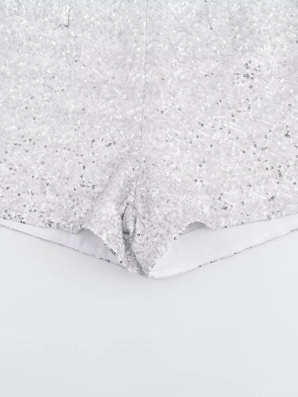 Long Sleeves Loose Sequined Shiny V-Neck Blazers Top + Shorts Bottom Two Pieces Set