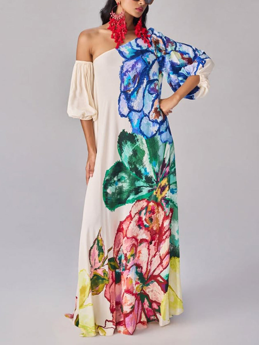 Loose Puff Sleeves Asymmetric Contrast Color Elasticity Flower Print Split-Joint One-Shoulder Maxi Dresses