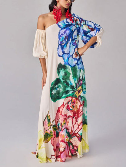 Loose Puff Sleeves Asymmetric Contrast Color Elasticity Flower Print Split-Joint One-Shoulder Maxi Dresses