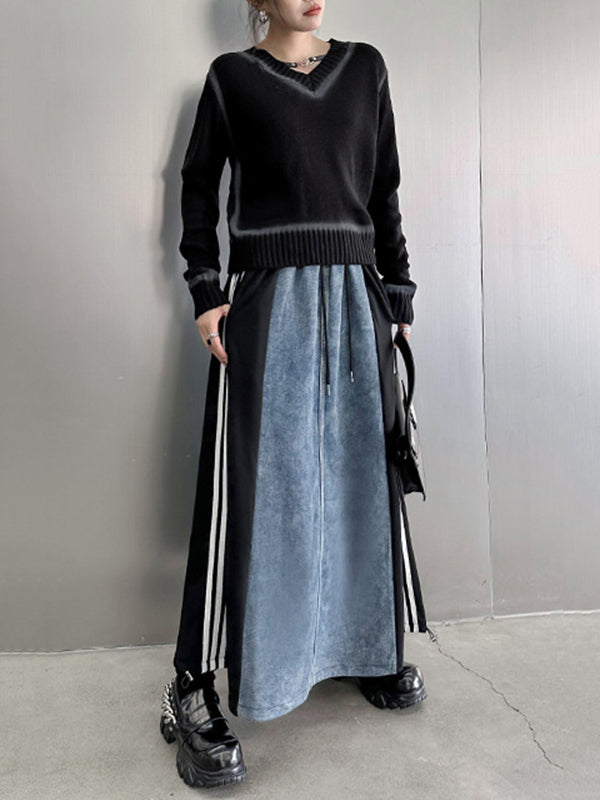 A-Line Loose Contrast Color Drawstring Split-Joint Striped Skirts Bottoms