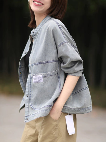 Long Sleeves Loose Buttoned Pockets Split-Joint Round-Neck Denim Outerwear