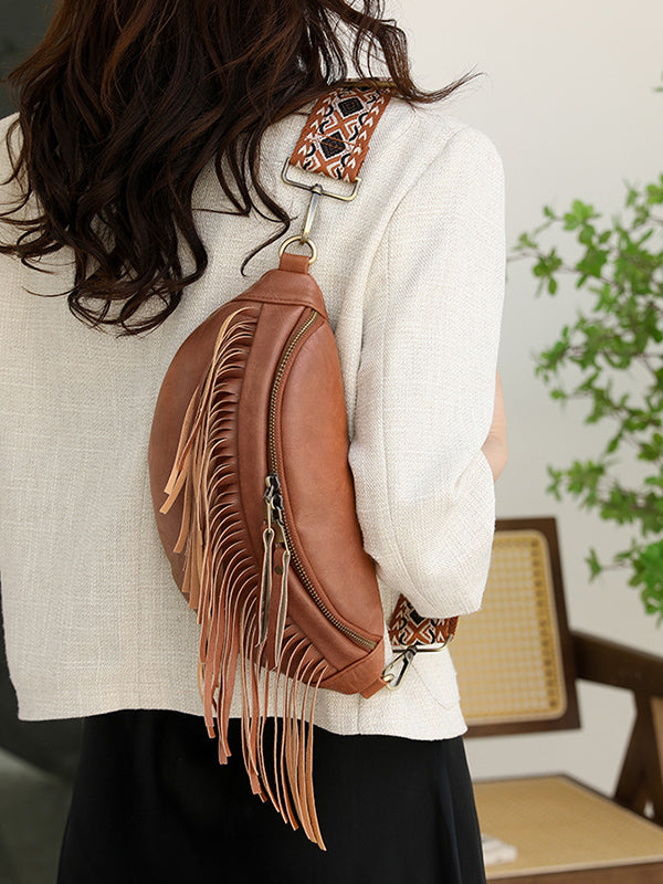 Geometric Tasseled Zipper Crossbody Bags