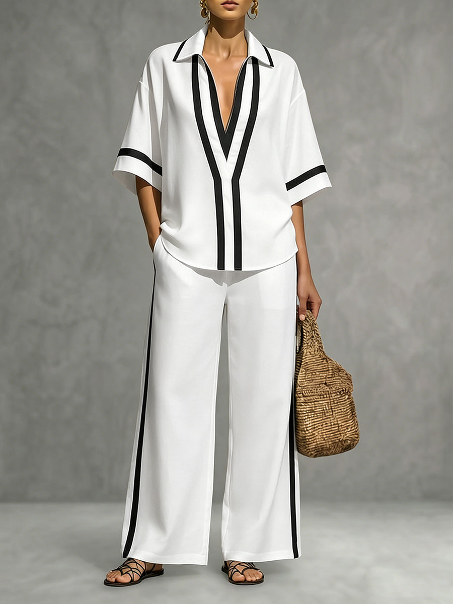 High Waisted Wide Leg Contrast Color Pockets Pants Trousers