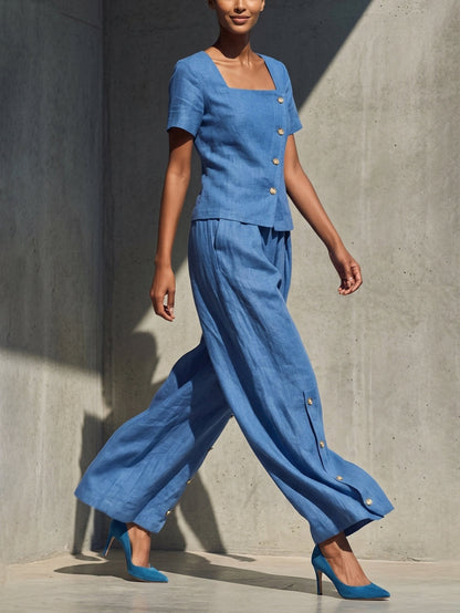 Loose Short Sleeves Buttoned Solid Color Square-Neck Blouses&Shirts Tops