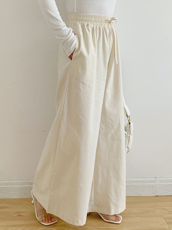 High Waisted Loose Drawstring Elasticity Pockets Solid Color Pants Trousers