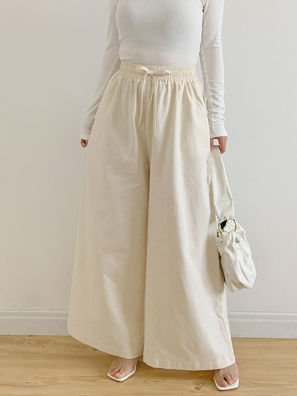 High Waisted Loose Drawstring Elasticity Pockets Solid Color Pants Trousers