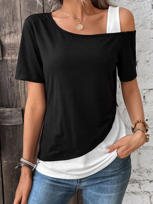 Loose Short Sleeves Asymmetric Contrast Color Split-Joint Cold Shoulder T-Shirts Tops