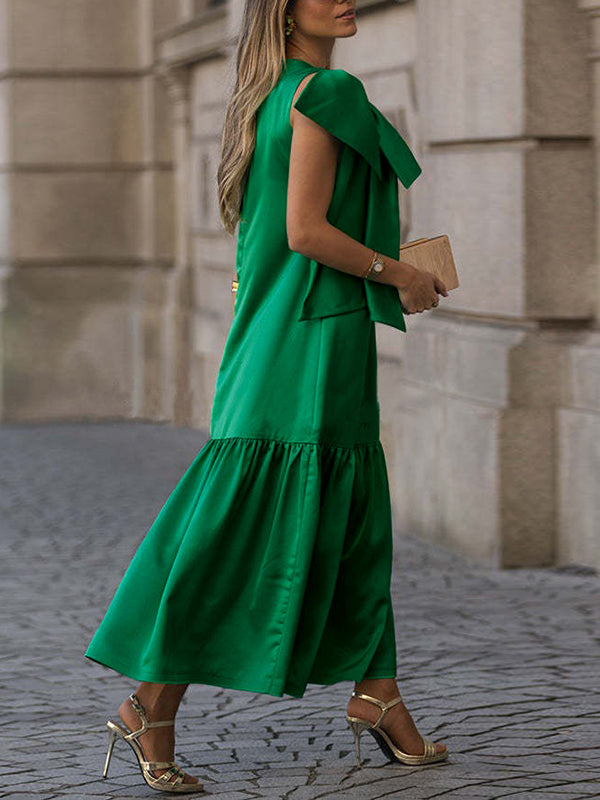 Sleeveless Bowknot Pleated Split-Joint Round-Neck Maxi Dresses