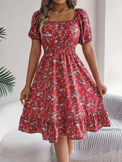 A-Line Short Sleeves Contrast Color Elasticity Flower Print Ruffle Trim Split-Joint Square-Neck Midi Dresses