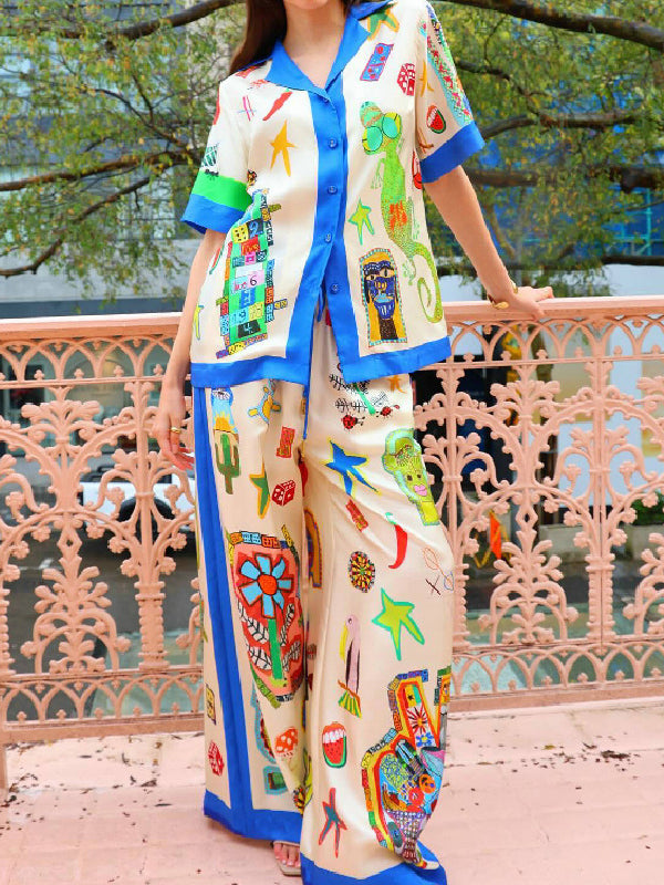 Loose Short Sleeves Asymmetric Printed Split-Joint Lapel Blouses&Shirts Tops