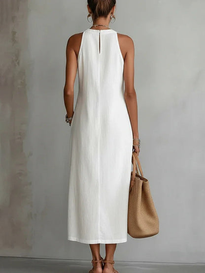 Sleeveless High-Waisted Pockets Printed Solid Color Halter-Neck Midi Dresses