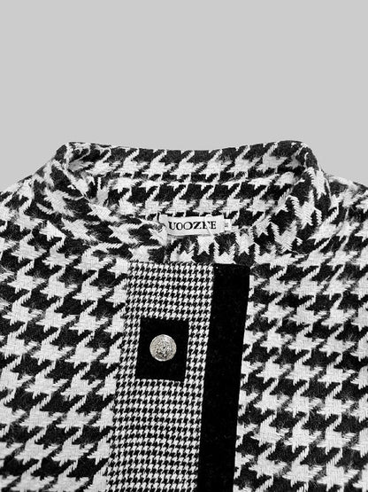 Long Sleeves Loose Buttoned Contrast Color Houndstooth Printed Stand Collar Jackets Outerwear