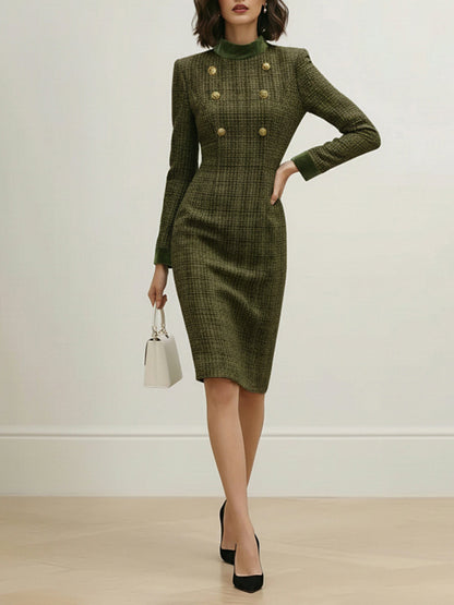High Waisted Long Sleeves Buttoned Solid Color Split-Joint Zipper Mock Neck Midi Dresses