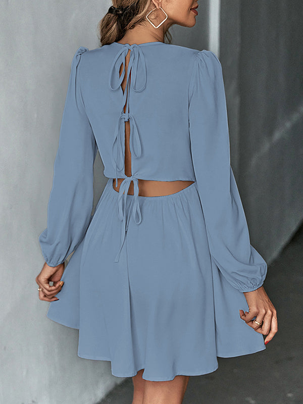 A-Line Bishop Sleeve Backless Elasticity Hollow Pleated Solid Color Tied Round-Neck Mini Dresses