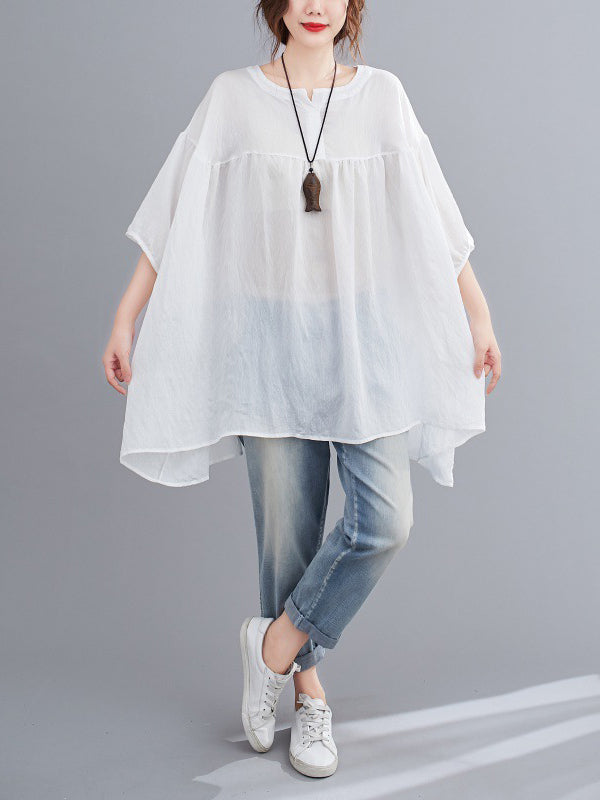 Half Sleeves Loose Pleated See-Through Solid Color Round-Neck Blouses&Shirts Tops