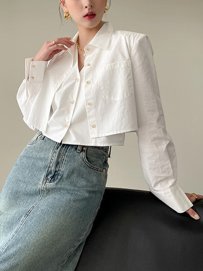 Lapel False Two Buttoned Pockets Solid Color Inner Shirts   Outerwear Blouses&Shirts Tops