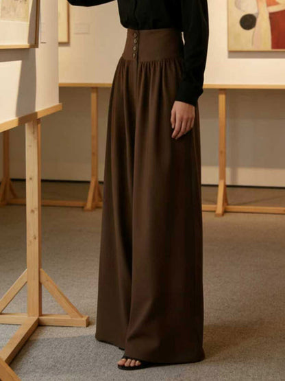 Elasticated Waist High Waisted Buttoned Pleated Pockets Solid Color Split-Joint Pants