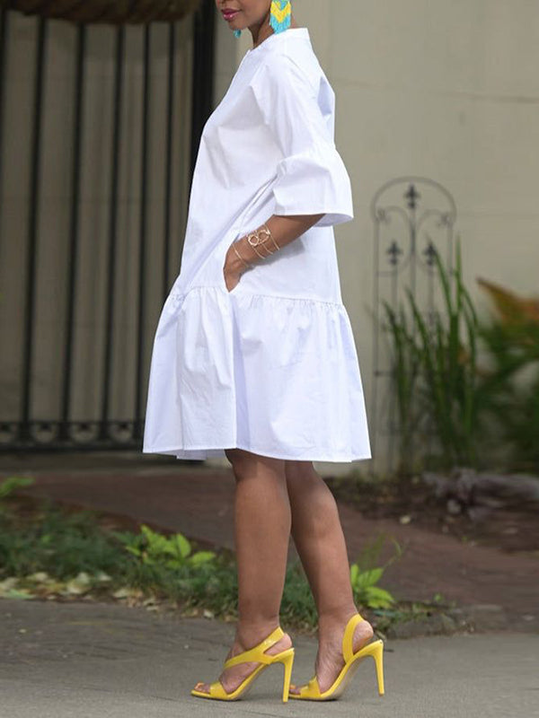 Loose Three-Quarter Sleeves Asymmetric Buttoned Pleated Pockets Solid Color Split-Joint Round-Neck Midi Dresses