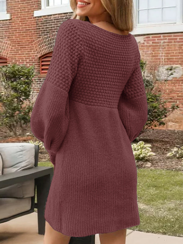 Long Sleeves Puff Sleeves Solid Color Split-Joint V-Neck Mini Dresses Sweater Dresses