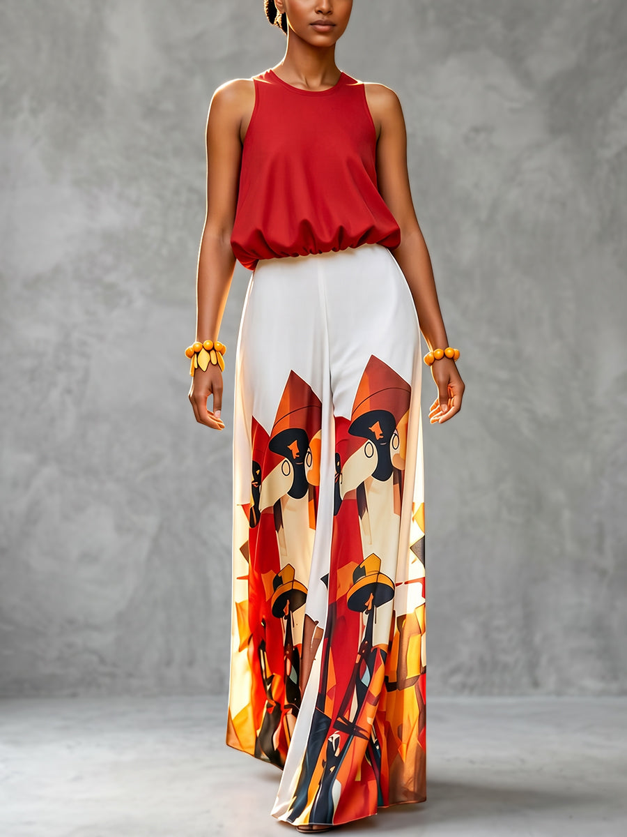 High Waisted Loose Elasticity Pockets Printed Pants Trousers