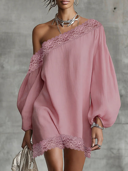 Long Sleeves Loose Solid Color Split-Joint One-shoulder Mini Dresses