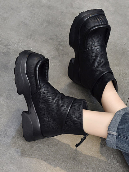 Platform Round-Toe Solid Color Zipper Boots