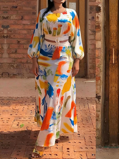 Cropped Elasticated Waist Contrast Color Drawstring Graffiti Printed Pleated Split-Joint Round-Neck Blouses&Shirts Tops