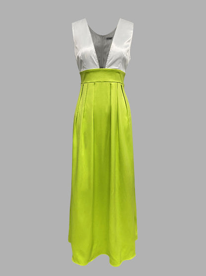 A-Line High Waisted Contrast Color Pleated Zipper Deep V-Neck Maxi Dresses