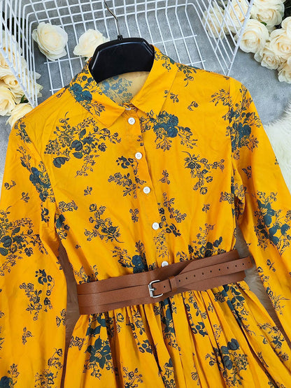 A-Line Elasticated Waist Belted Buttoned Contrast Color Flower Print Pleated Split-Joint Lapel Maxi Dresses Shirt Dress