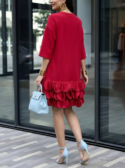 A-Line Loose Solid Color Split-Joint Three-Dimensional Flower Round-Neck Midi Dresses-1