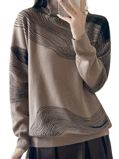 Long Sleeves Loose Contrast Color High Neck Pullovers Sweater Tops