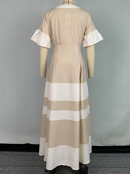 A-Line Flared Sleeves Contrast Color Pleated V-Neck Maxi Dresses