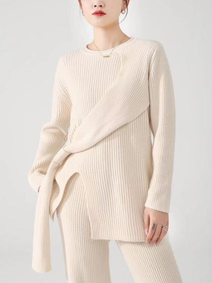 Loose Asymmetric Solid Color Split-Front Round-Neck Long Sleeves Sweater Top   Pants Bottom Two Pieces Set