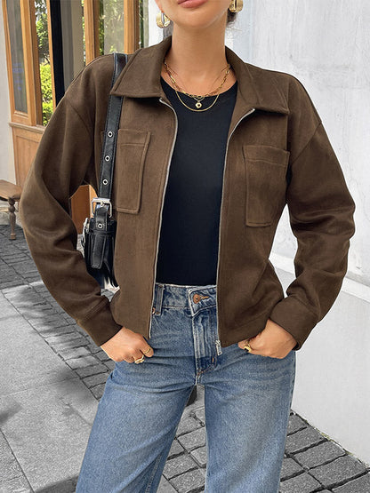 Long Sleeves Loose Pockets Solid Color Zipper Lapel Jackets Outerwear