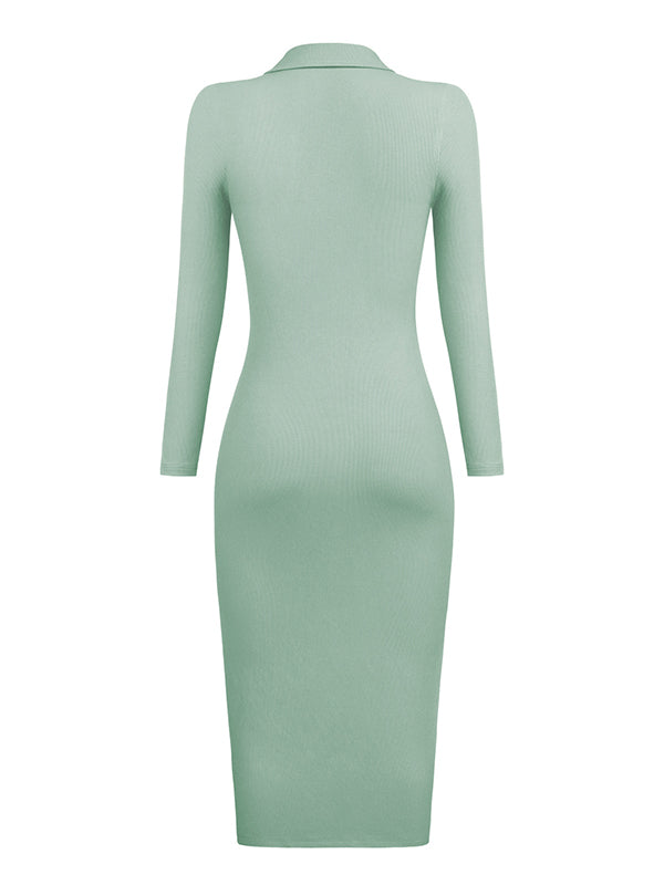 High Waisted Long Sleeves Buttoned Solid Color Lapel Midi Dresses