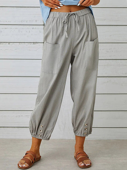 High Waisted Loose Buttoned Drawstring Elasticity Pockets Split-Joint Ninth Pants Trousers