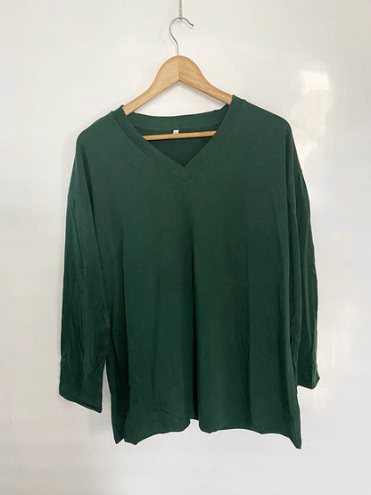 Long Sleeves Loose See-Through Solid Color Split-Joint V-Neck T-Shirts
